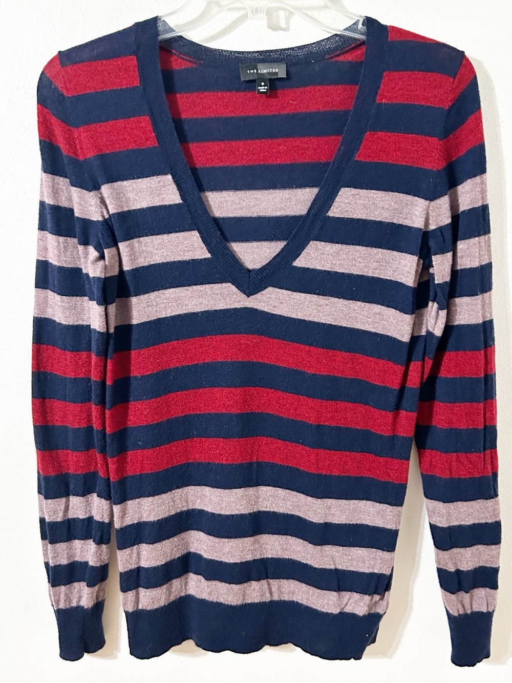 The Limited Women’s Wool Blend Knit Sweater Small Red & Navy Colorblock Striped